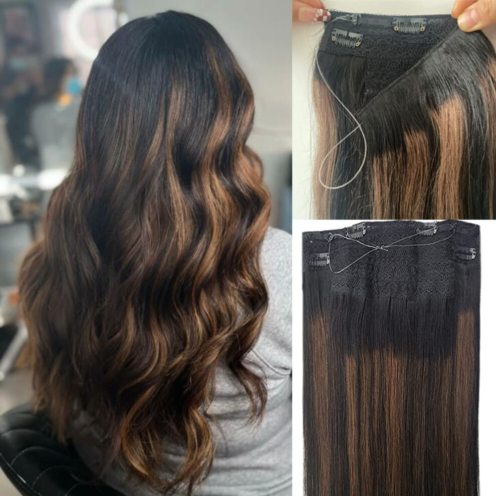 Sunfa Human Hair Extensions Wire Hair Extensions Human Hair Flip In Hair Extensions Ombre Natural Black To Chestnut Brown Highlights 20Inch 100G Silky