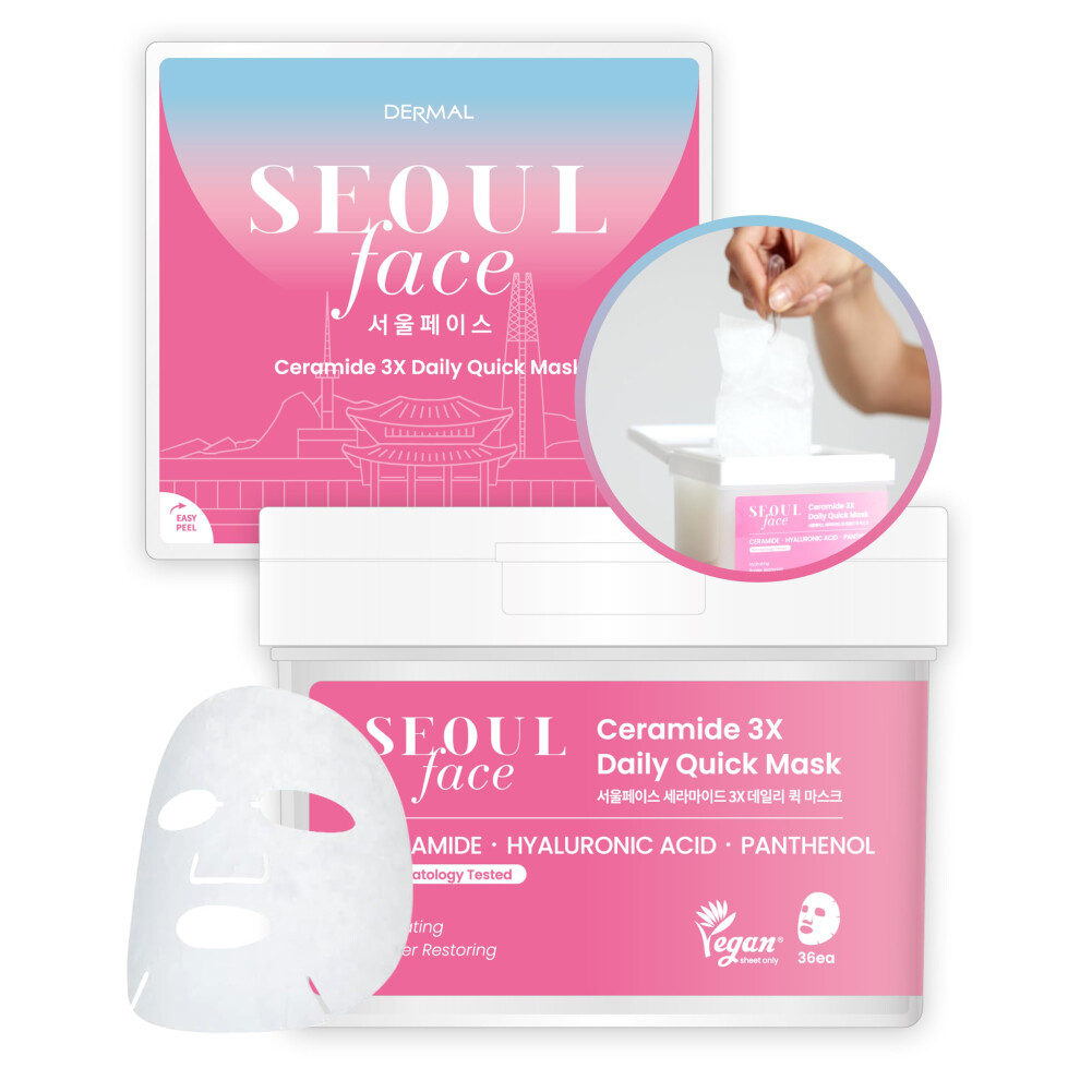 Dermal Seoul Face Ceramide 3X Daily Quick Mask 36 Sheet - Korean Skincare Vegan Tencel Facial Masks - Intensive Moisturizing Elasticity Mask She