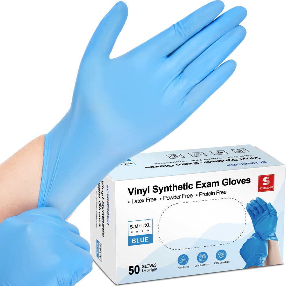 Schneider Blue Vinyl Synthetic Exam Gloves  Small  Box of 50  4-mil  Powder-Free  Latex-Free  Non-Sterile  Disposable Gloves-image-OPC-PHXSKN7-NEW