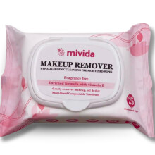 Mivida Hypoallergen Makeup Remover Wipes | Biologisk nedbrydelige ansigtsrenseservietter med E-vitamin | Parfumefri Alkoholfri Plantebaseret | Sk