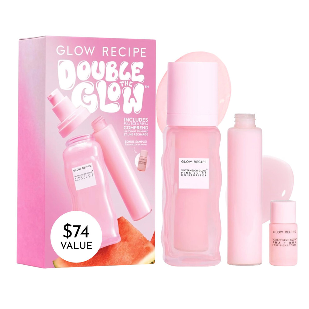 Glow Recipe Double The Glow Skincare Kit - Watermelon PHA BHA Face Toner + Full Size and Refillable Pink Juice Face Moisturizer with Hydrating Hy