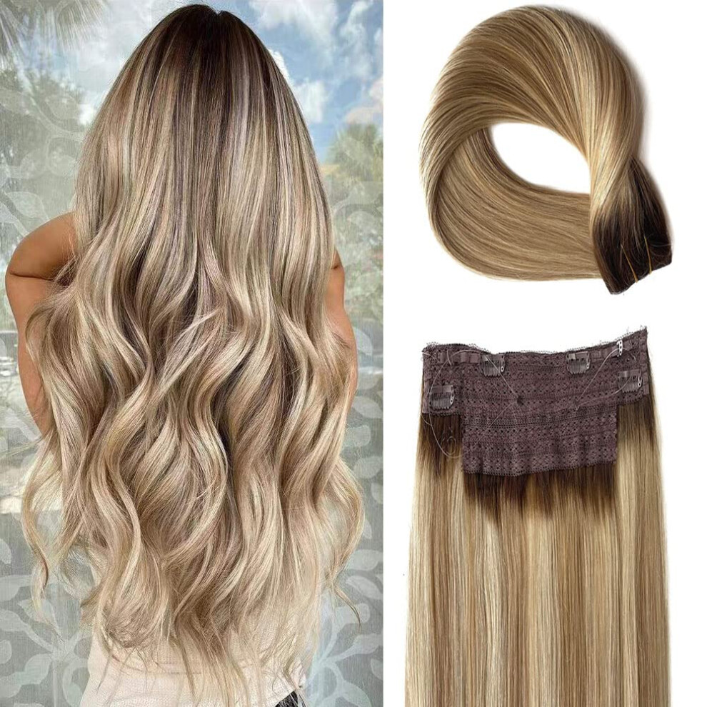 Sunfa Wire Hair Extensions Human Hair Extensions, Hair Extensions Wire Human Hair, Fish Line In Straight Invisible, 20Inch 100G Ombre Ash Brown To Dirty Blo