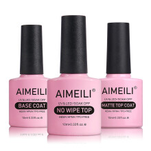 AIMEILI Soak Off U V LED Hema Free Gel Nail Polish - Base Coat Matte Top and No Wipe Top Coat Kit Set 10ML
