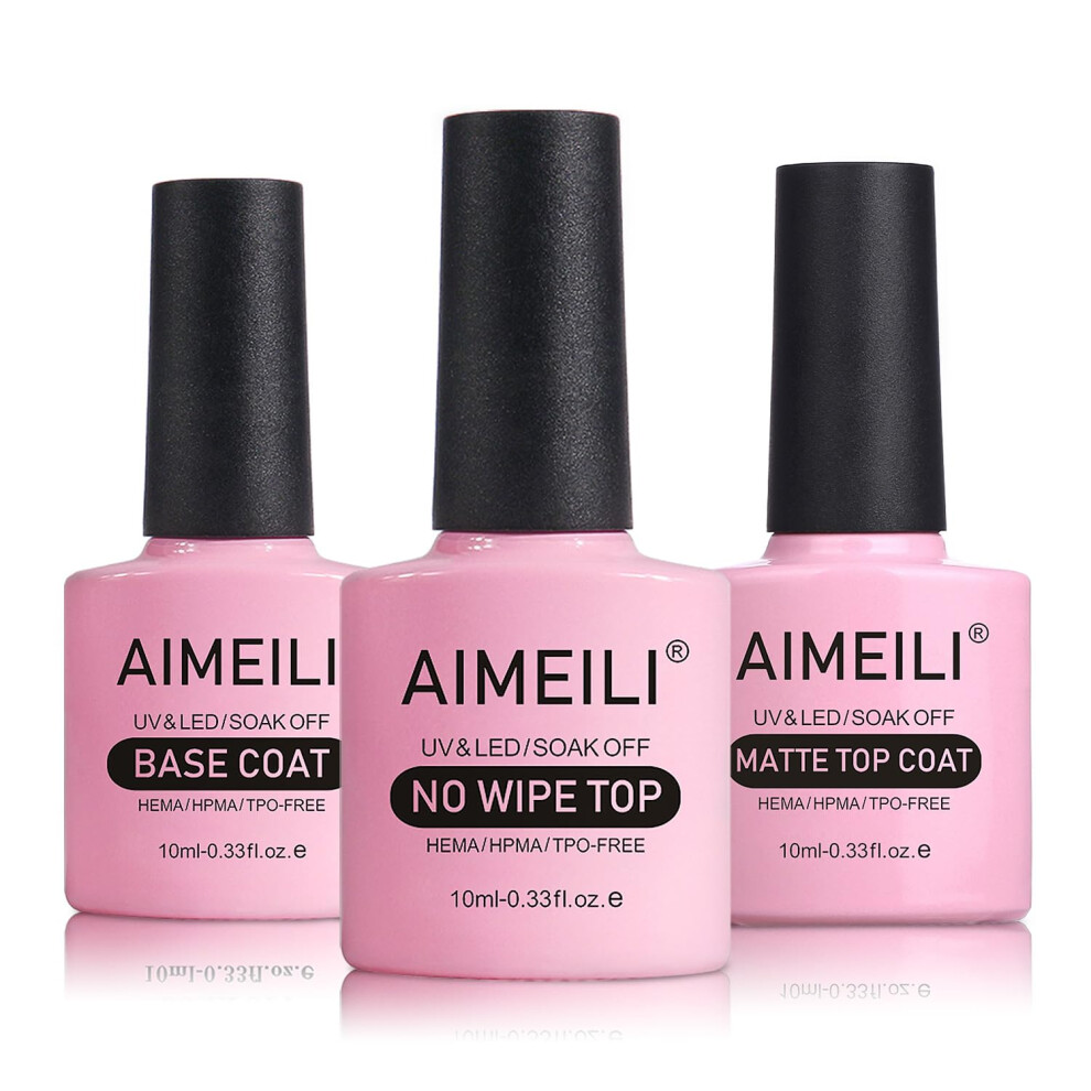 Aimeili Soak Off U V Led Hema Free Gel Nail Polish - Base Coat Matte Top And No Wipe Top Coat Kit Set 10Ml