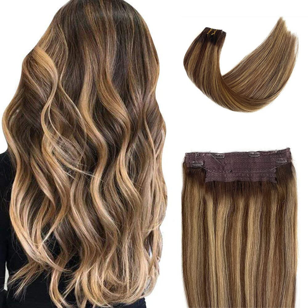 Sunfa Unisex Brown Wire Hair Extensions Clip In Extensions Human Hair Wire Hair Extensions Real Hair 20Inch 100G Ombre Balayage Chocolate To Caramel Blonde