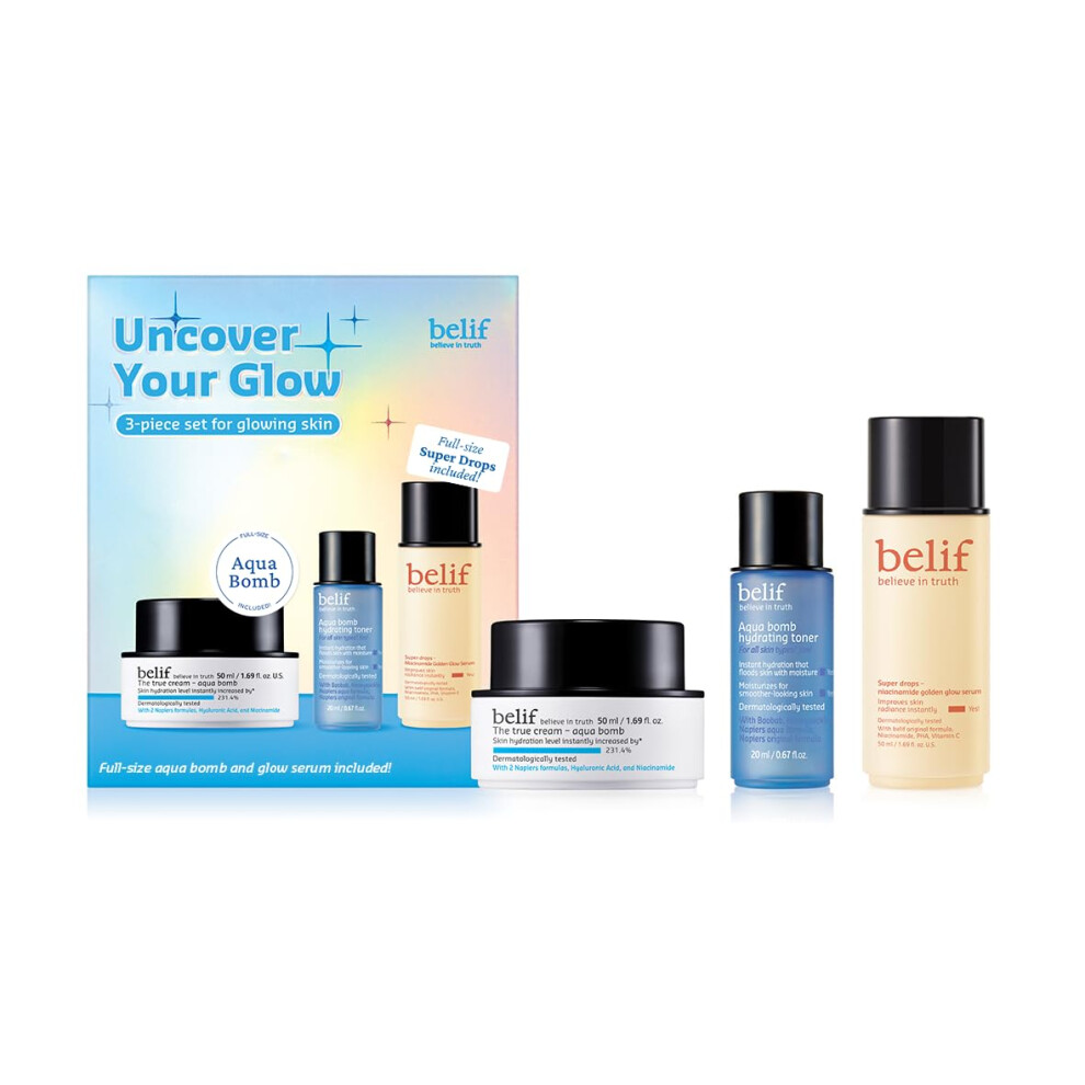 Belif Golden Uncover Your Glow Set Aqua Bomb Daily Face Moisturizer Niacinamide Vitamin C Glow Serum Aqua Bomb Hydrating Toner - Hyaluronic Ac