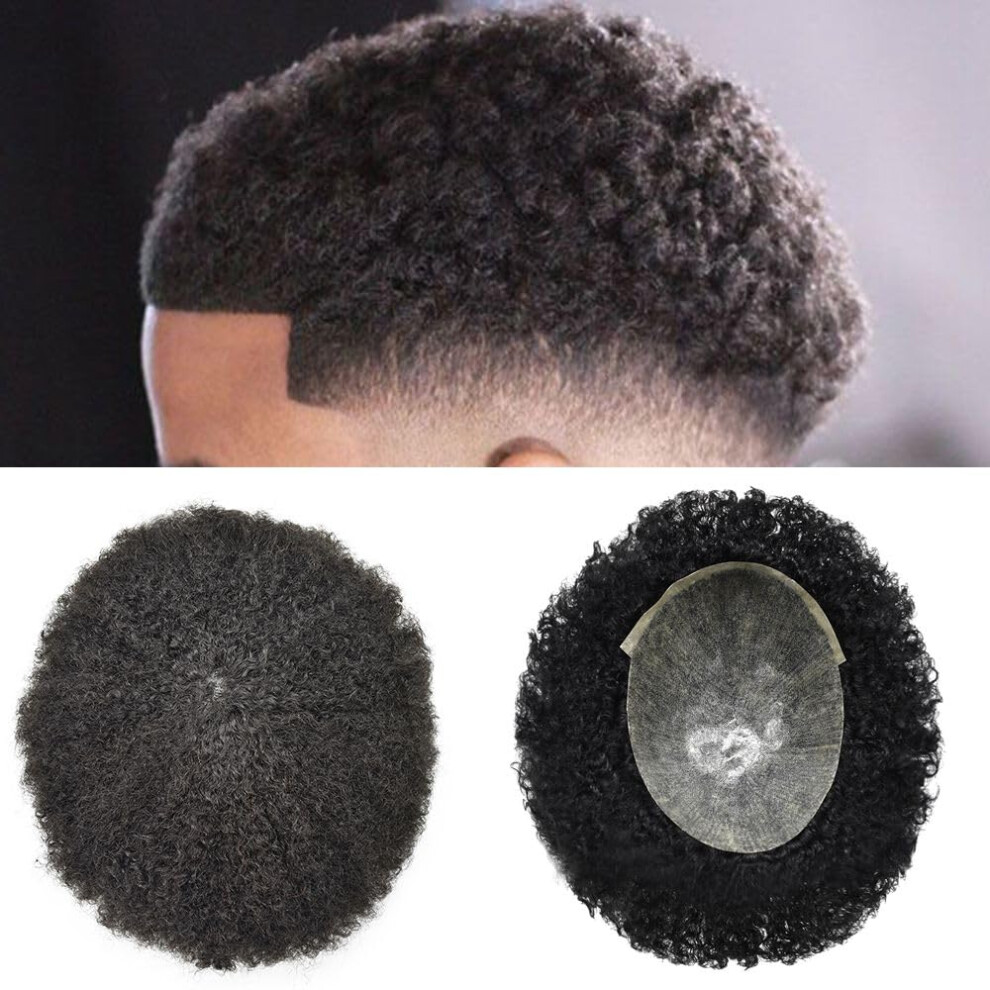 Singa Hair Unisex Black Afro Toupee For Men Curly Hair Units For Man Coily Human Hair Replacement System African American Men Weave Units Male Hair Pieces- Jet Bla