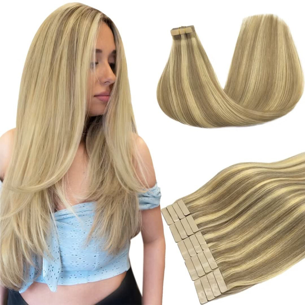 Doores Tape In Human Hair Extensions Balayage Light Blonde Highlighted Golden Blonde 20Pcs 50G Silky Straight Real Hair Extensions Tape In Skin W