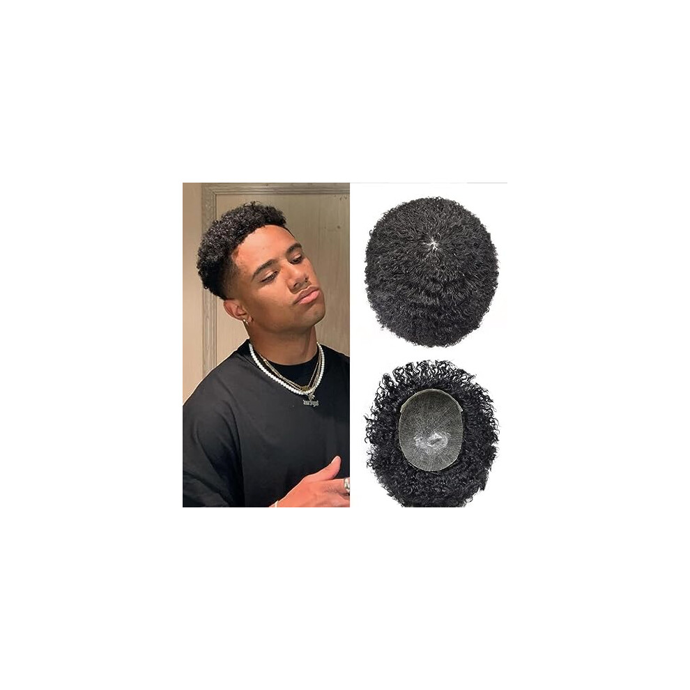 Healthlif Unisex Black Afro Toupee For Men Kinky Curly Human Hair Unit African American Hair Toupee Natural Afro Wave Hair Units Replacement System Pu I