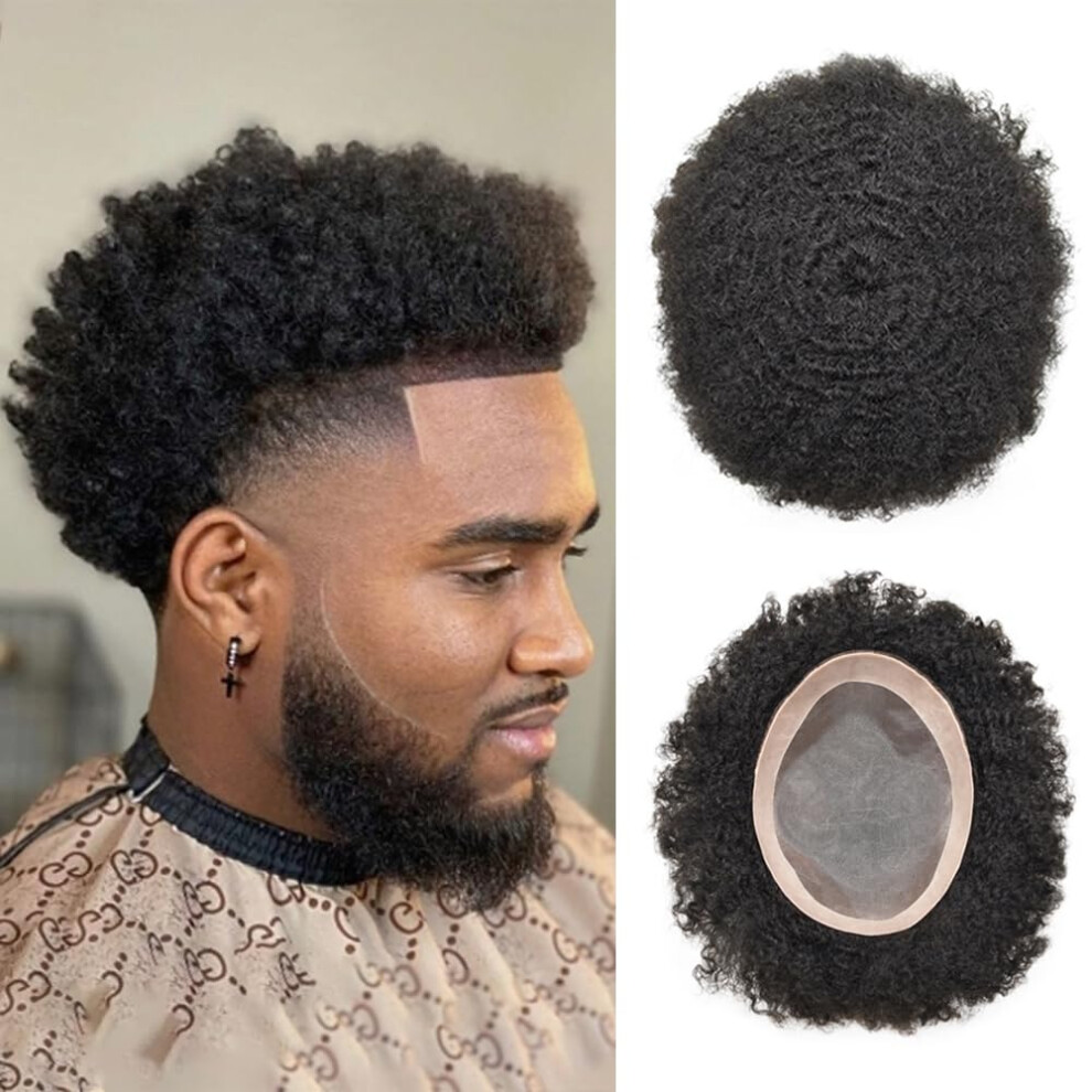 Curve Hair Curly Toupee For Black Men Afro Weave Hair Units Wigs Kinky Curl Mens Toupee Hairpiece Wavy Human Hair Replacement Systems For Men (#1