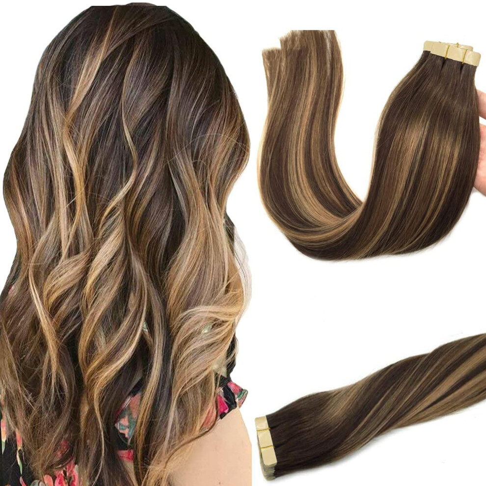 Goo Goo Unisex Brown Tape In Hair Extensions Human Hair 4/27/4 Balayage Chocolate To Caramel Blonde 24Inch 50G 20Pcs Thick Ends Straight Seamless Tap
