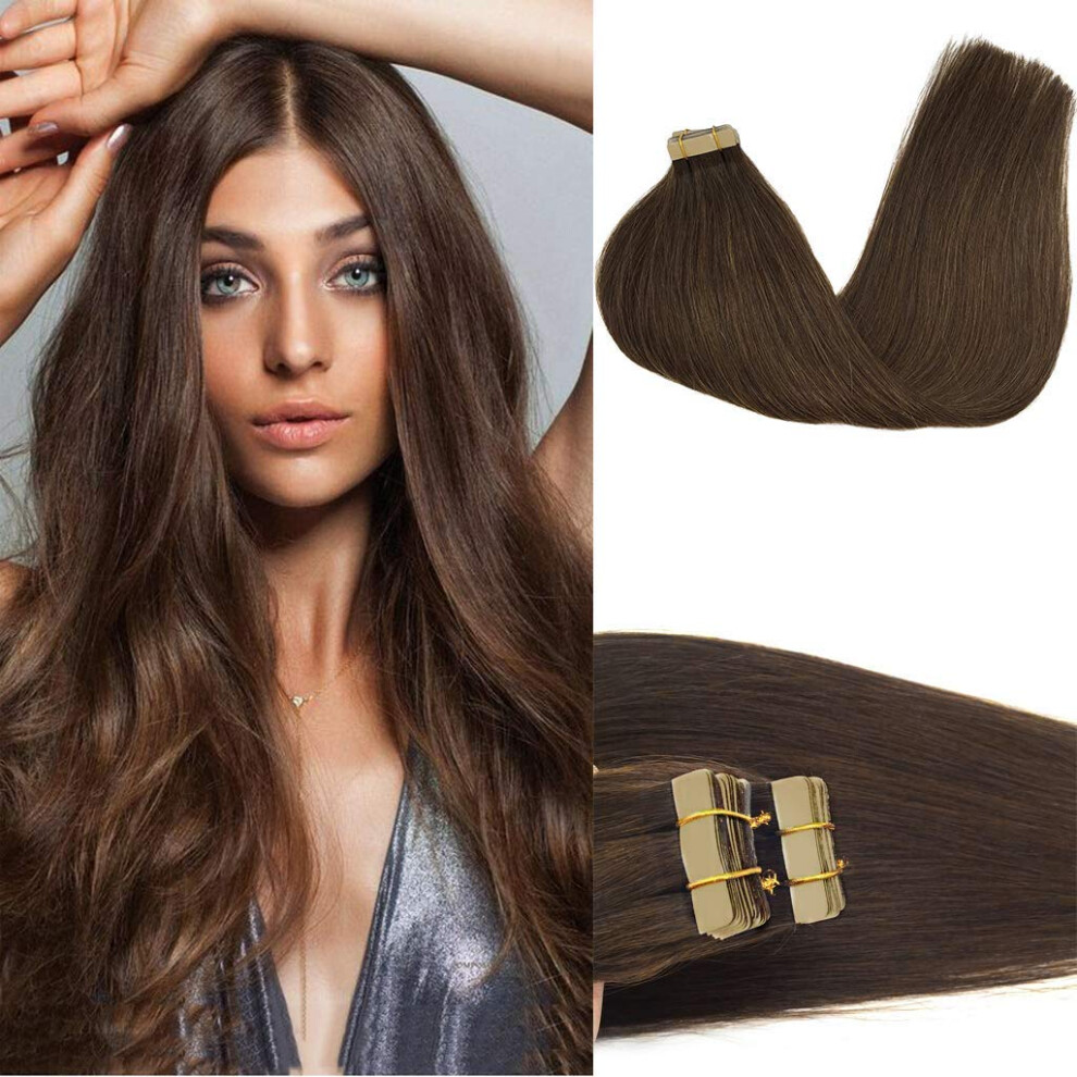Goo Goo Unisex Brown Tape In Hair Extensions Human Hair 4A Chocolate 18Inch 50G 20Pcs Thick Ends Straight Seamless Tape In Invisible Tape In Hair Ex