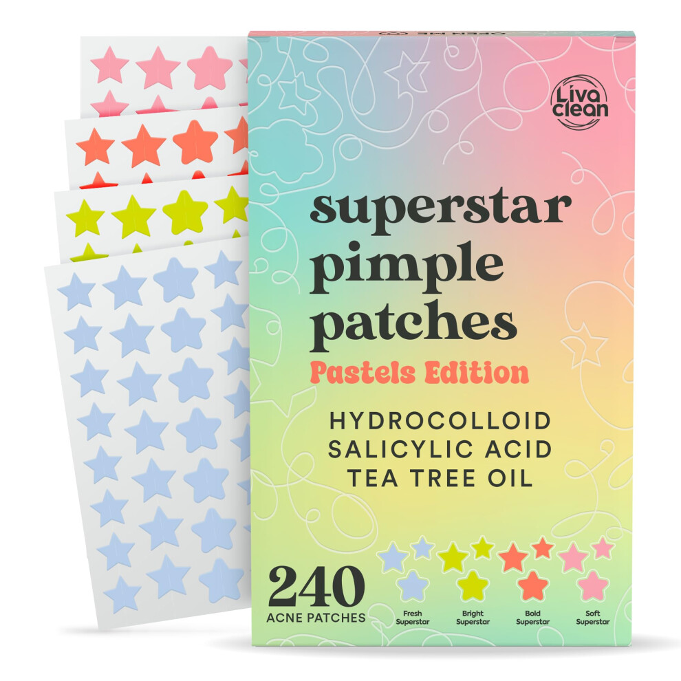 Livaclean 240 Ct Cute Pimple Patches For Face W/Salicylic Acid & Tea Tree Hydrocolloid Acne Patches Cute Star Pimple Patch For Healing Adorable