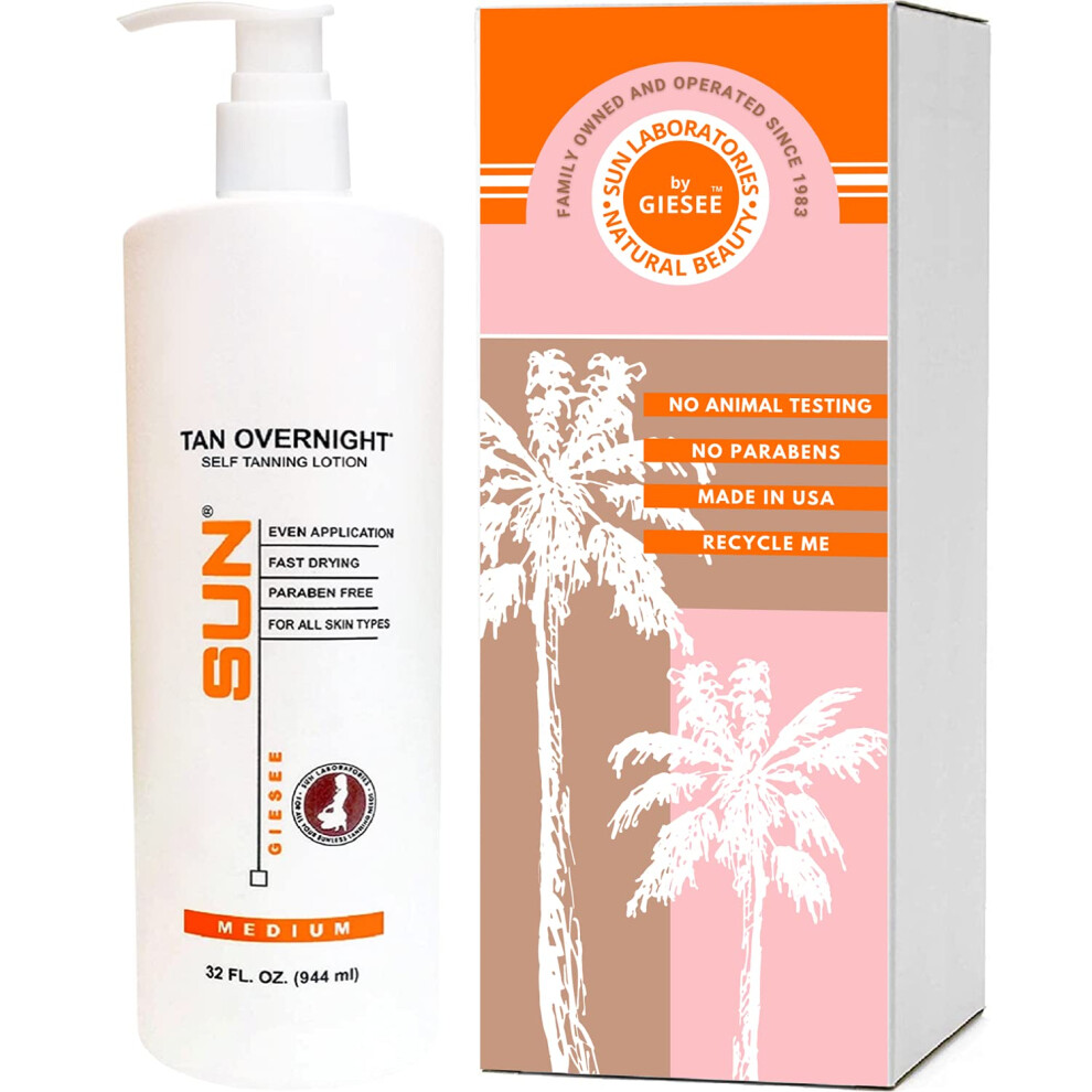 Sun Laboratories By Giesee Tan Overnight Self Tanning Lotion 32 oz - Medium To Dark Self Tanner Sunless Tanning Lotion Odorless Long Lasting Ta
