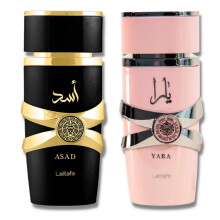 Lattafa para unisex de 2 piezas Eau de parfum set de regalo (Asad para hombres + yara para mujeres) 3.4 onza/100 ml cada uno