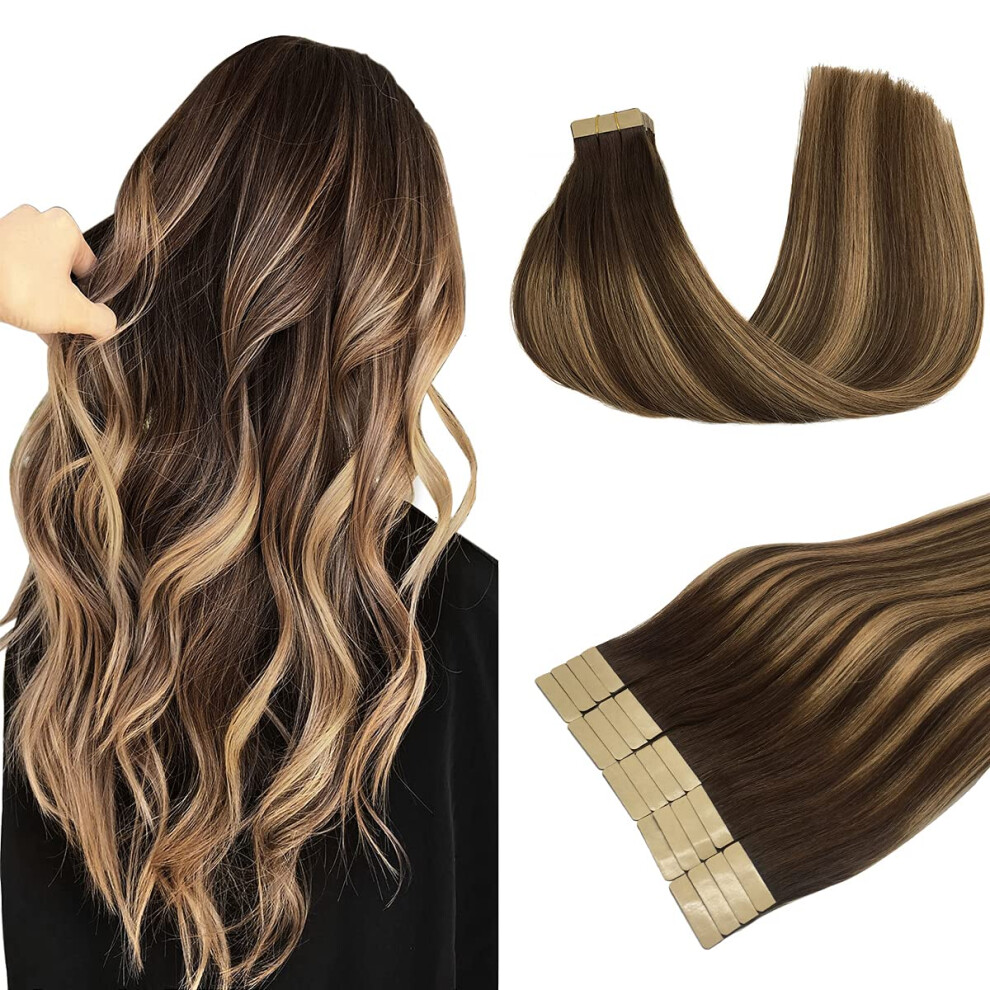 Doores Unisex Brown 20Pcs Human Hair Balayage Chocolate To Caramel Blonde Remy Silky Straight Hair Extensions Tape In Skin Weft Natural 50G 20 Inch