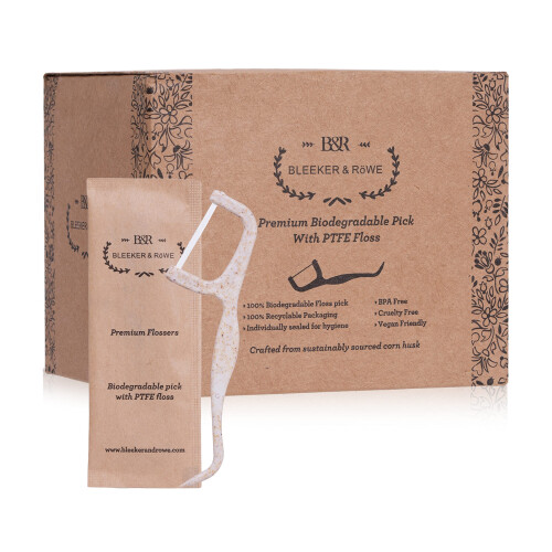 Bleeker and Rowe Biodegradable Individually Wrapped Floss Picks - Eco Friendly Flossers 150 Pack (PTFE Floss)