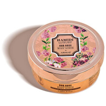 Hamidi Luxury Oud Rose Esfoliante corporal para mulheres 250ML (8,4 OZ) Esfoliante corporal esfoliante para pele macia e suave, feito com ingredi