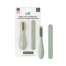 ezpz Baby-Led Toothbrush + Tongue Depressor Dual Pack (Sage) - 100% Silicone Toothbrush + Silicone/Stainless Steel Tongue Depressor - Helps Set-u