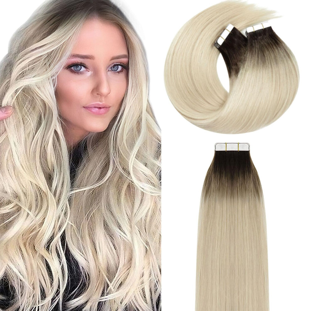 Lacer Unisex Brown,Silver Hair Tape In Hair Extension Human Hair Balayage Platinum Blonde Hair With Darker Brown Roots Double Sided Pu Weft Seamless Straight Natural