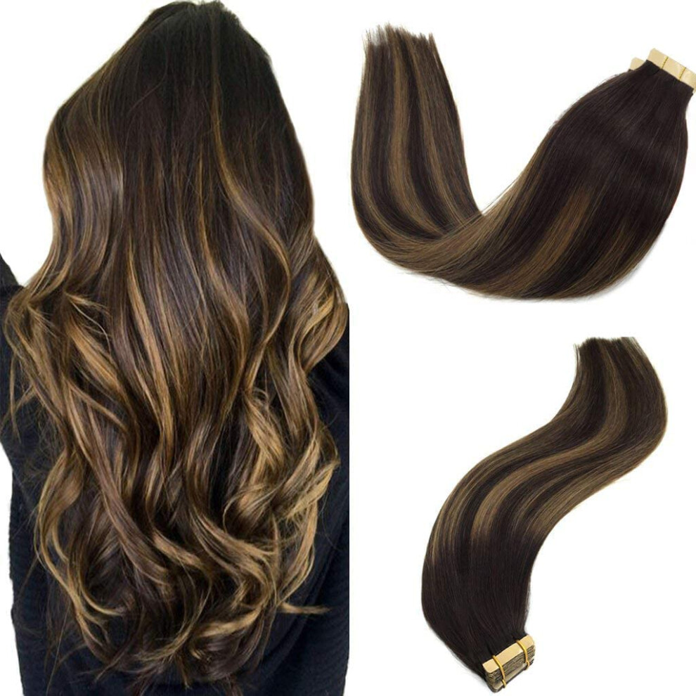 Goo Goo Unisex Brown Tape In Hair Extensions Human Hair 2/6/2 Balayage Dark To Chestnut 20Inch 50G 20Pcs Thick Ends Straight Seamless Tape In