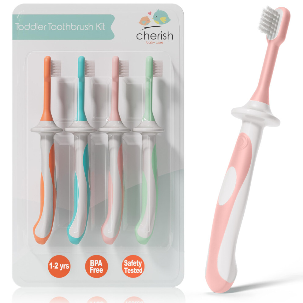 Cherish Baby Care Toddler Toothbrushes 1-2 Years (4-Pack) - Bpa-Free & Safety-Tested Kids Toothbrush Kit Designed By A Pediatric Dentist Soft-G