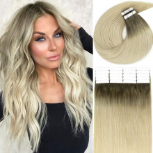 Lacerhair Remy Tape-in Echthaar-Extensions Dip-Dyed #8G/60A Hell-Aschbraun zu Platinblond