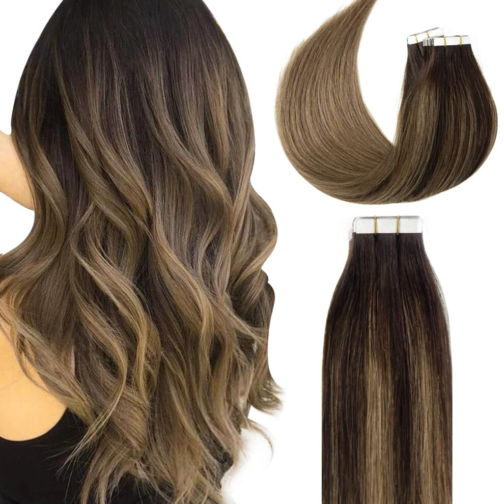 Lacer Unisex Brown Tape In Hair Extensions Human Hair Balayage Seamless Pu Skin Weft Ombre Darkest To Chestnut Color Double Side Hair Extens