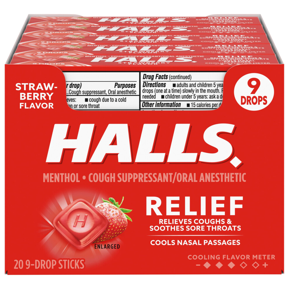 Halls Relief Strawberry Cough Drops 20 Sticks Of 9 Drops (180 Total Drops)
