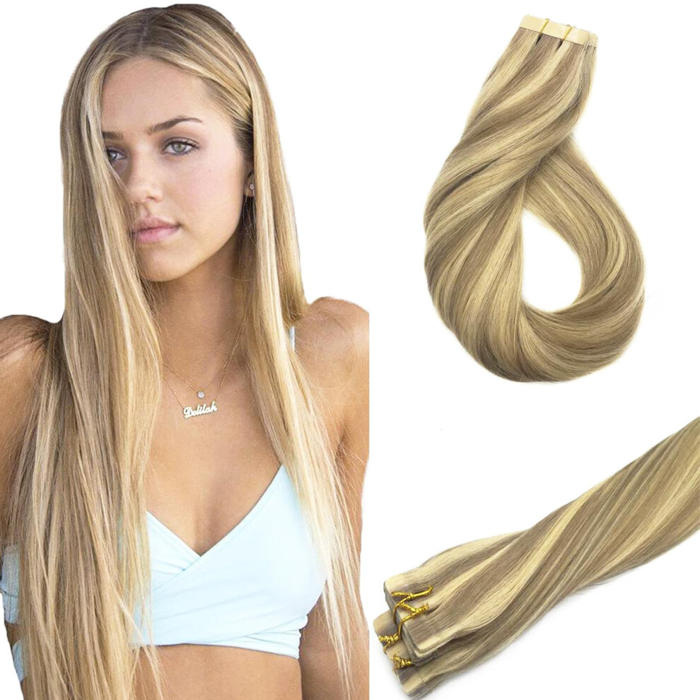 Goo Goo Unisex Light/Golden Tape In Hair Extensions Human Hair 16/22 Blonde Highed Blonde 22Inch 50G 20Pcs Thick Ends Straight Seamless Tape In