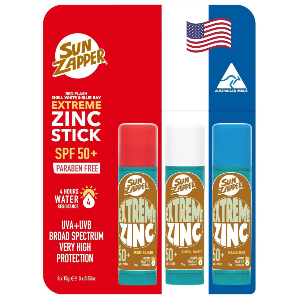 Sun Zapper Extreme Zinc Oxide Sunscreen Stick - SPF 50+ Water Resistant - 3-Pack (Red White Blue) - For Face - Made in Australia