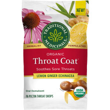 Traditional Medicinals Lozenges Organic Throat Coat Lemon Ginger Echinacea Sore Throat Support 16 Individually Wrapped Lozenges