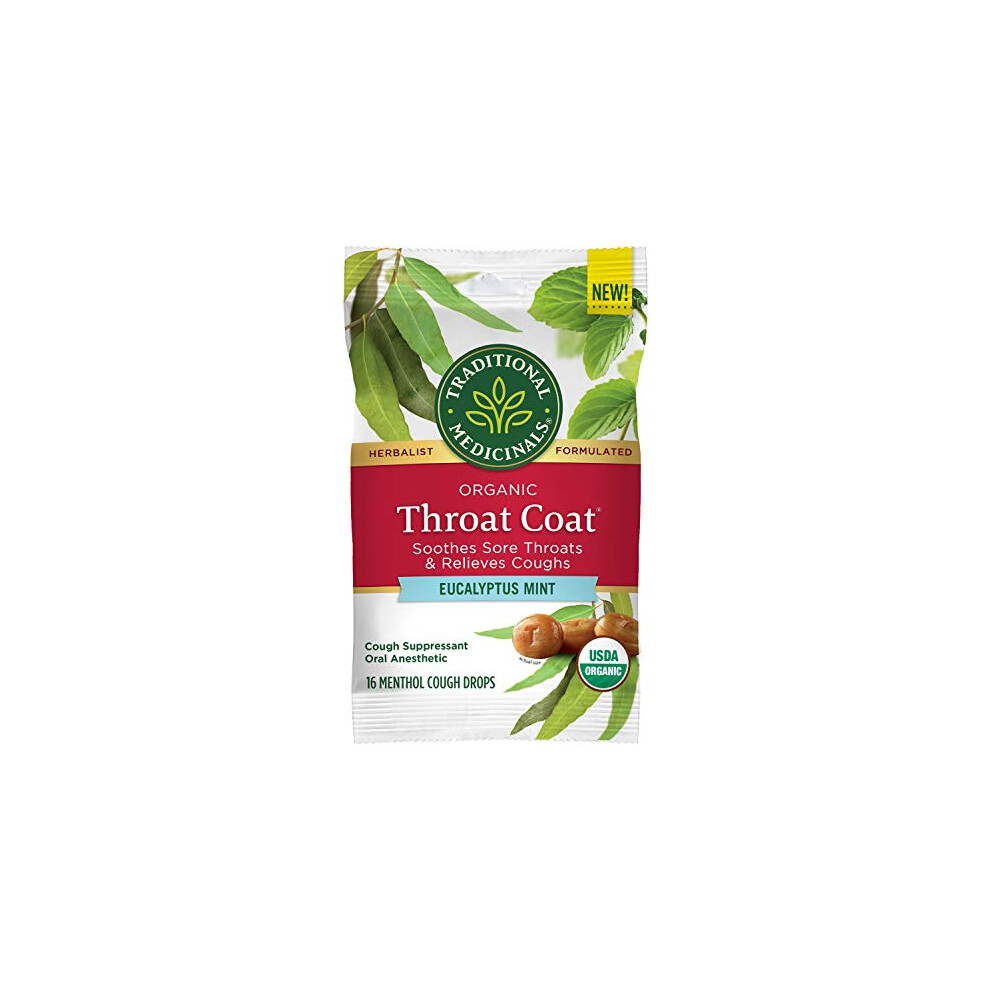 Traditional Medicinals Throat Coat Organic Cough Drops Eucalyptus Mint with Menthol Soothes Sore Throats & Relieves Coughs 16ct.