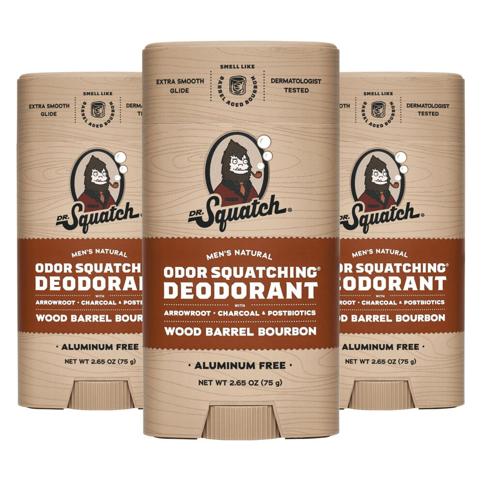 Dr. Squatch Natural Deodorant For Men 3 Pack Wood Barrel Bourbon - Odor-Squatching Men's Deodorant Aluminum Free (2.65 Oz 3 Pack)