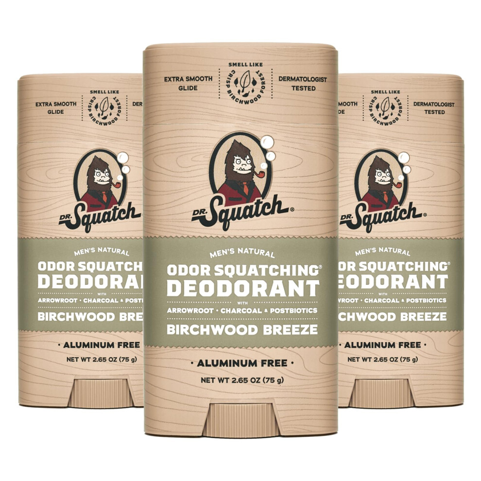 Dr. Squatch Natural Deodorant For Men 3 Pack Birchwood Breeze - Odor-Squatching Men's Deodorant Aluminum Free (2.65 Oz 3 Pack)