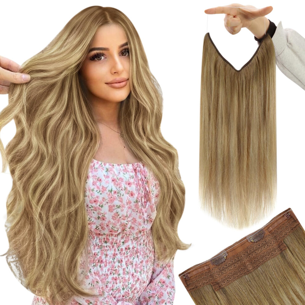 Youngsee Unisex Brown Wire Real Hair Extensions Balayage Invisible Fish Wire Hair Extensions Medium Fading To Hair Extensions Transparent Wire Eas