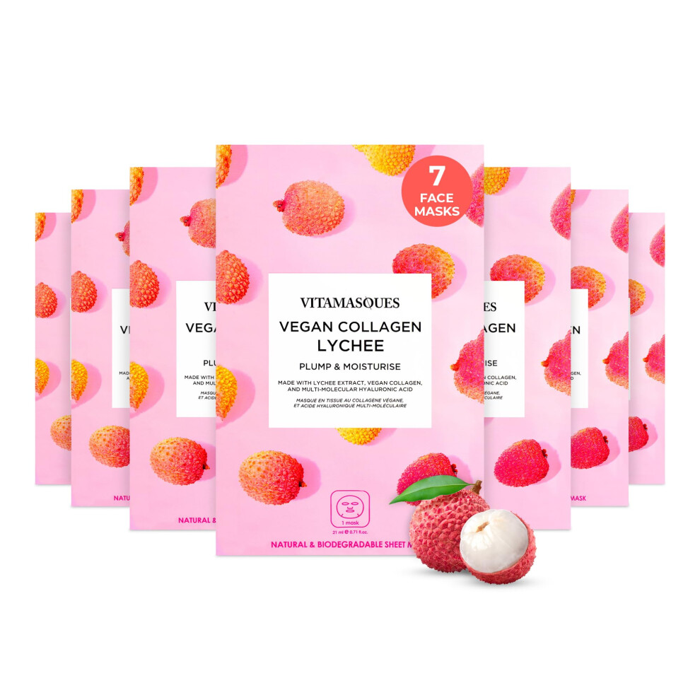 Vitamasques Vegan Collagen Lychee Face Sheet Mask Plumping & Moisturizing Facial Mask With Lychee Extract & Hyaluronic Acid - Natural & Biodegrad