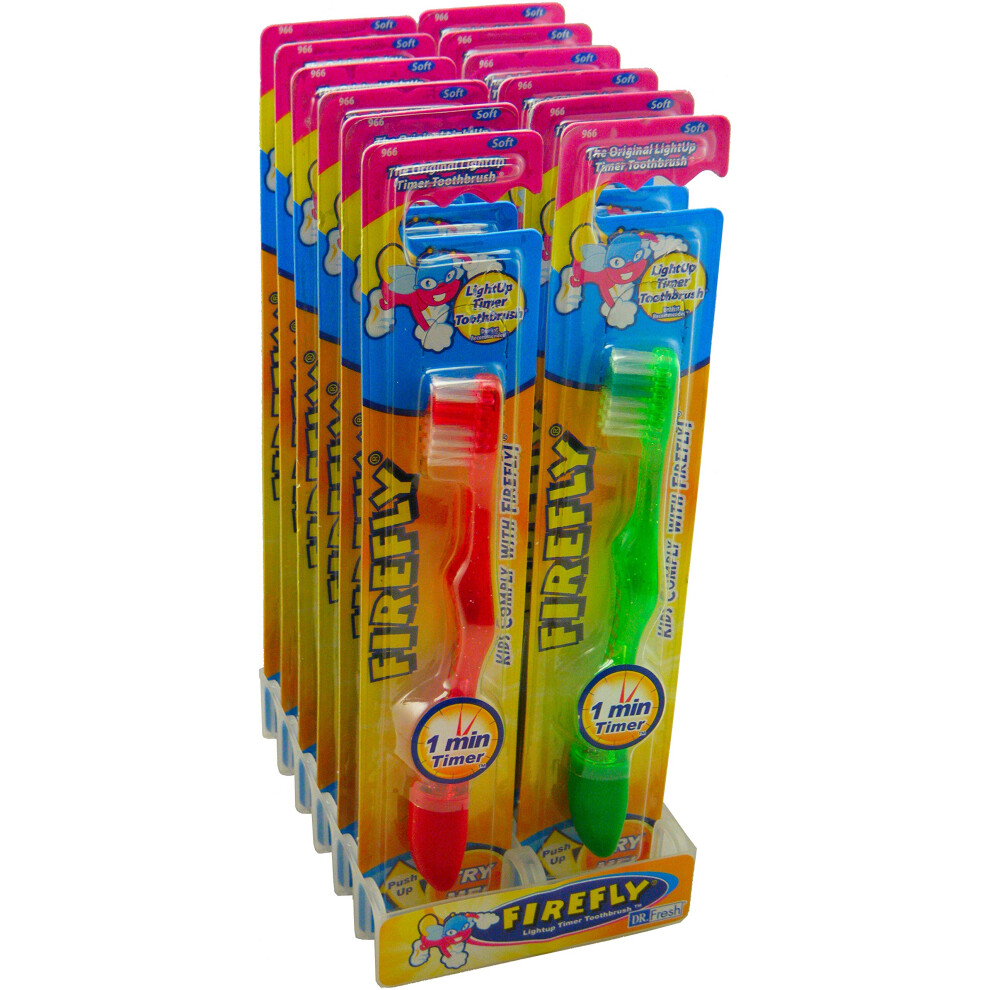 Dr. Fresh Firefly The Original Flashing Light Up Timer Toothbrush for Kids Soft Bristle 1 Minute Timer (Pack of 12)