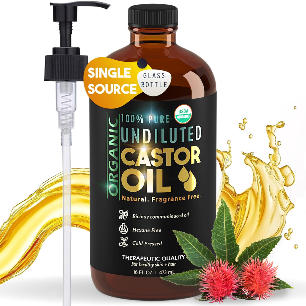 Balm Of Gilead Pure Organic Castor Oil For Hair & Skin - Therapeutic Cold Pressed Usda Certified Glass Bottle Organic Oil - 16 Oz Unrefined Hex