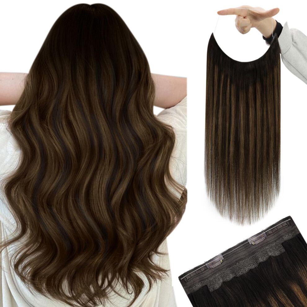 Youngsee Unisex Brown Wire Human Hair Extensions Balayage Straight Real Hair Wire Extensions Balayage Darkest To Medium Headband Wire Hair Extensi
