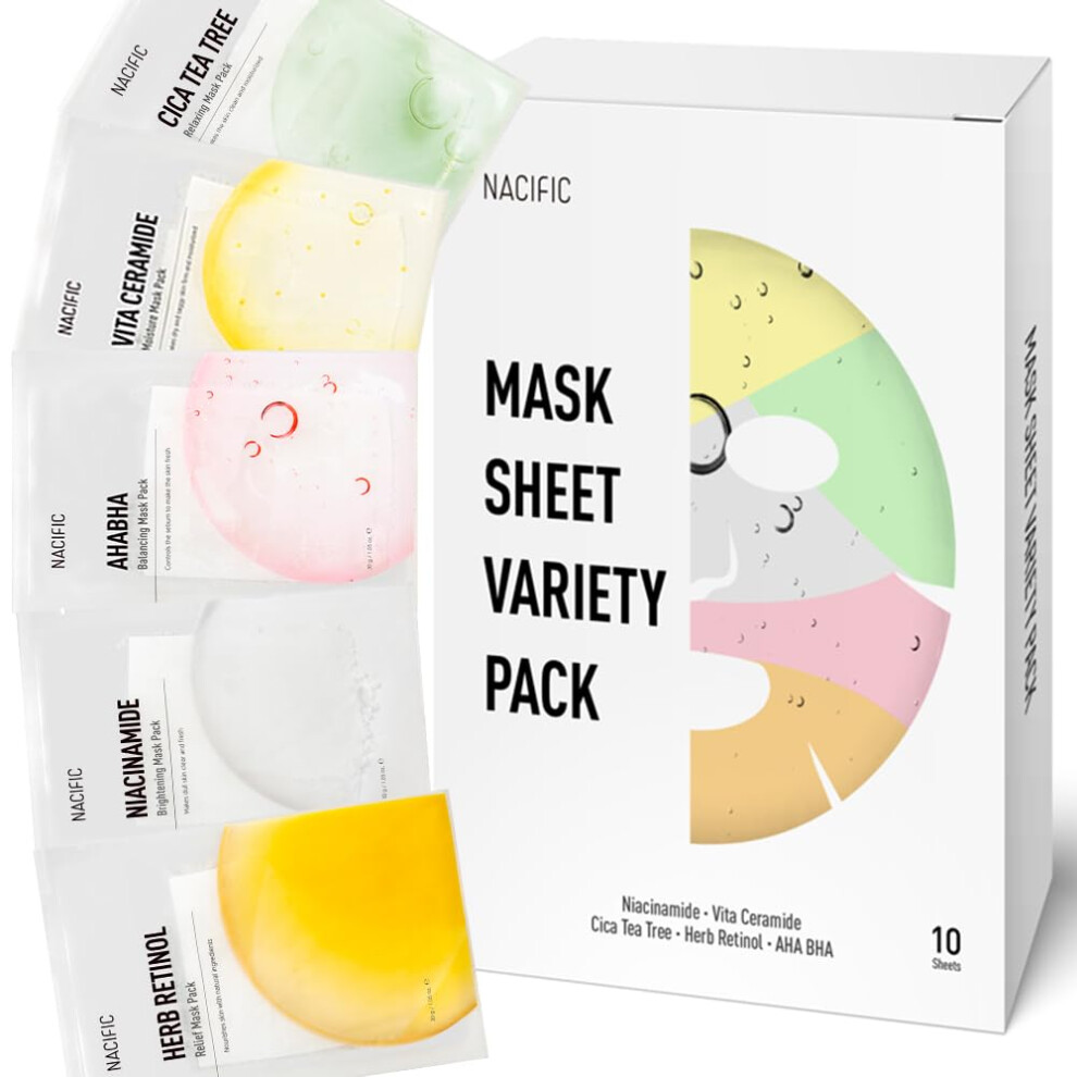 Kosbeauty Nacific Premium 10-Sheet Facial Mask Skincare Korean Variety Pack For Ultimate Skin Nourishment - Hyaluronic Acid Ceramide And Vitami
