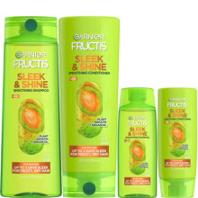Garnier Fructis Sleek & Shine Full + Travel Size Shampoo (12.5 & 3 Fl Oz) + Conditioner (12 & 3 Fl Oz) Set for Frizzy, Dry Hair, Plant Keratin + Argan