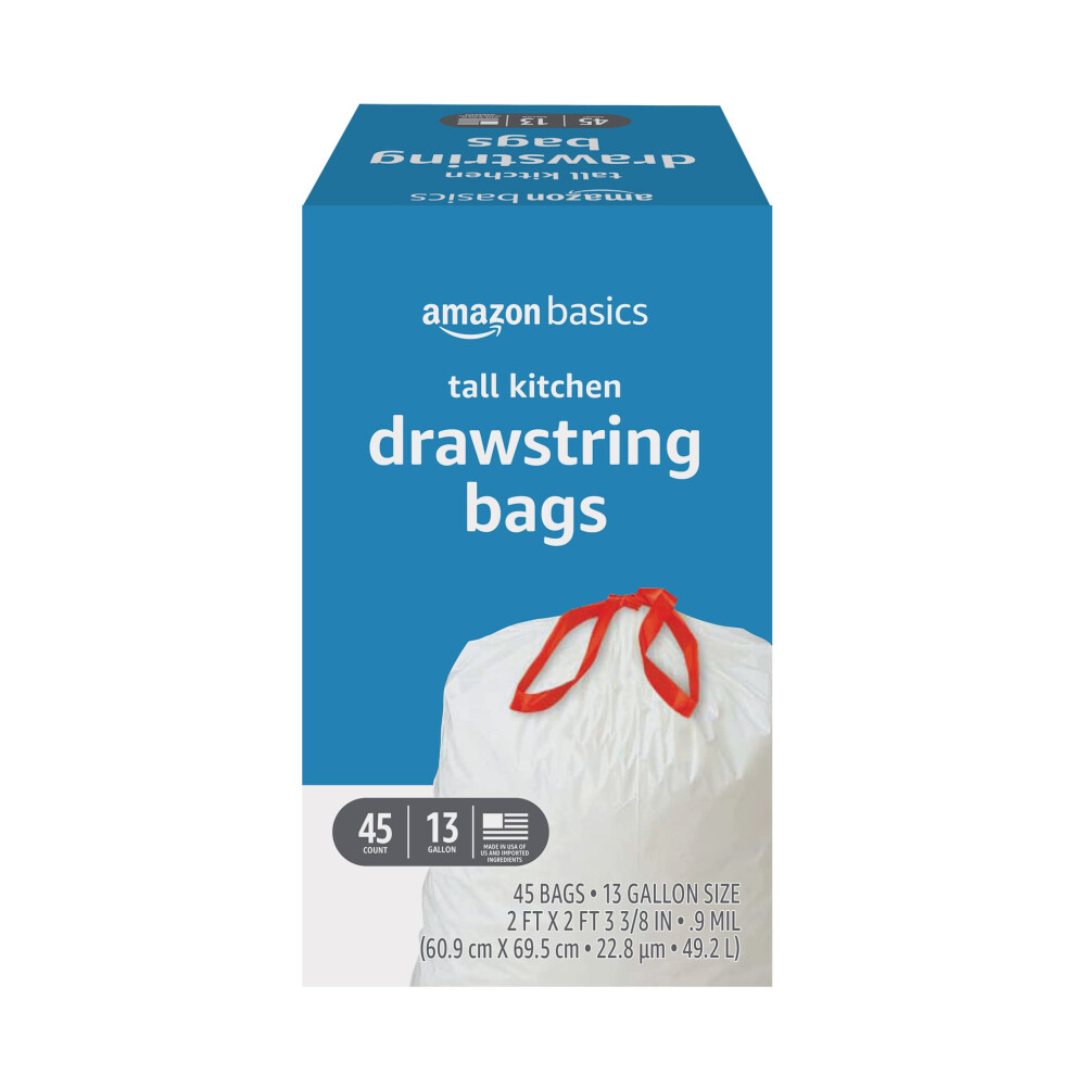 Amazon Basics Trash Bags  Tall Kitchen Drawstring  Unscented  13 Gallon  45 Count  Pack of 1
