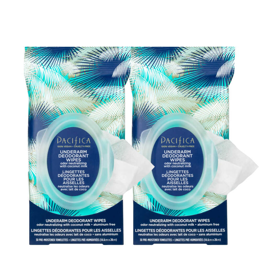 Pacifica Beauty  Coconut Milk & Essential Oils Underarm Deodorant Wipes  30 Count (Pack of 2)  Remove Odor On-The-Go  Aluminum Free  Travel Frien