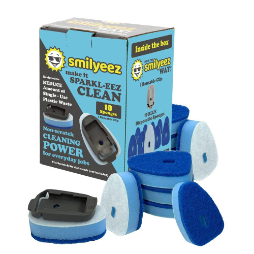 Smilyeez No-Plastic Blue Non-Scratch Sponge Refill with Reusable Clip (10 Pack) for Scotch-Brite's Advanced Soap Control Dishwand - Refill with A
