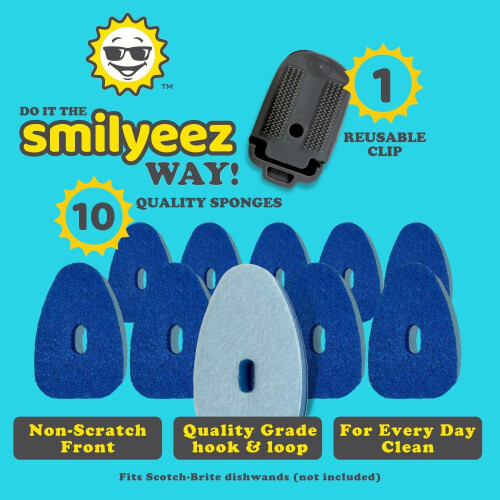 Smilyeez No-Plastic Blue Non-Scratch Sponge Refill with Reusable Clip (10 Pack) for Scotch-Brite's Advanced Soap Control Dishwand - Refill with A 1