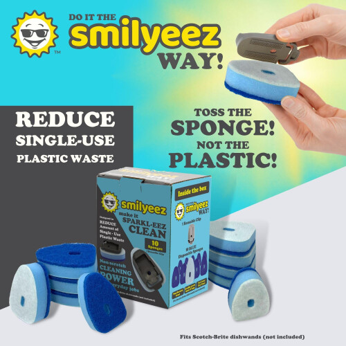 Smilyeez No-Plastic Blue Non-Scratch Sponge Refill with Reusable Clip (10 Pack) for Scotch-Brite's Advanced Soap Control Dishwand - Refill with A 2