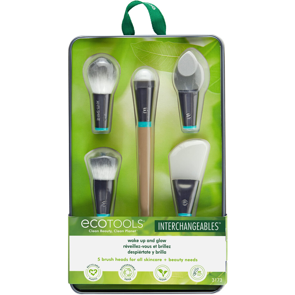 EcoTools Wake Up + Glow Interchangeables Makeup Brush Set with Case With Beauty Blender Makeup Sponge Silicone Applicator Face Mask Brush Eye