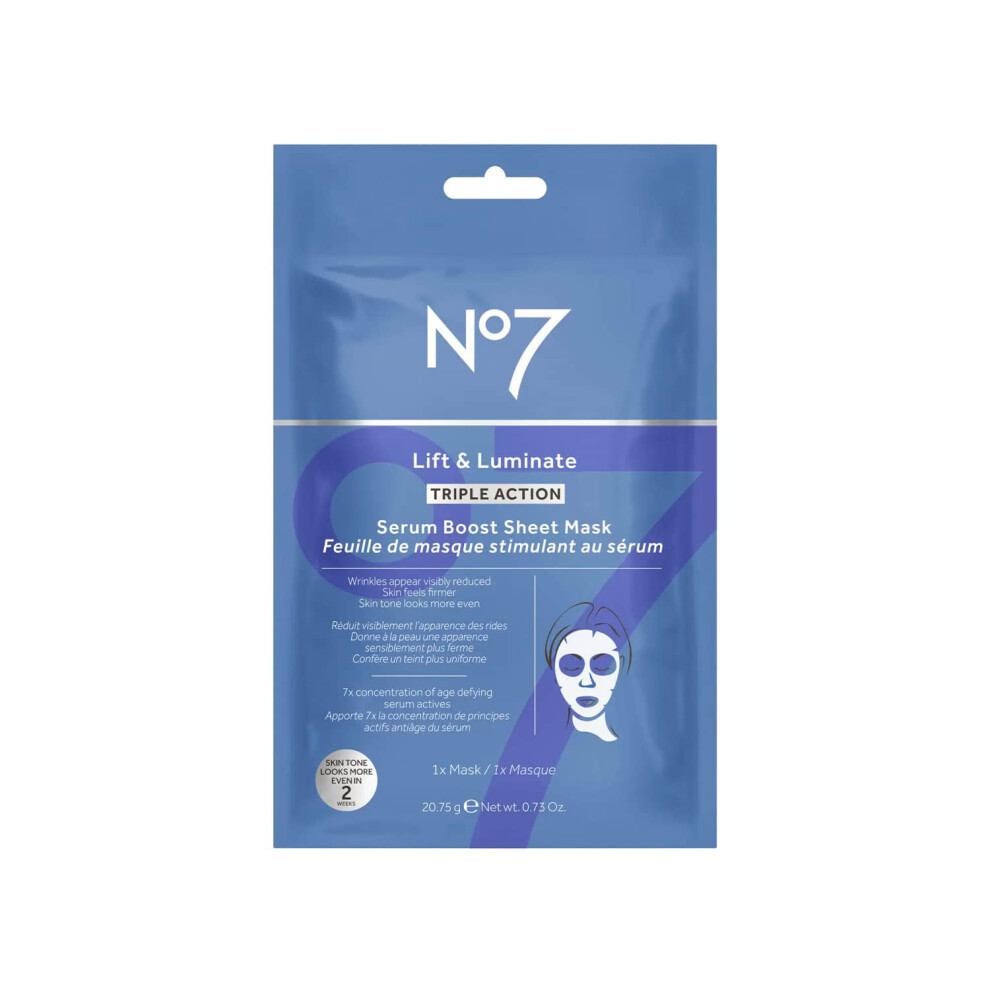 No7 Lift & Luminate Triple Action Serum Boost Sheet Mask - Radiant Skin Firming Anti Aging Face Mask with Hyaluronic Acid & Hibiscus - Vitamin C