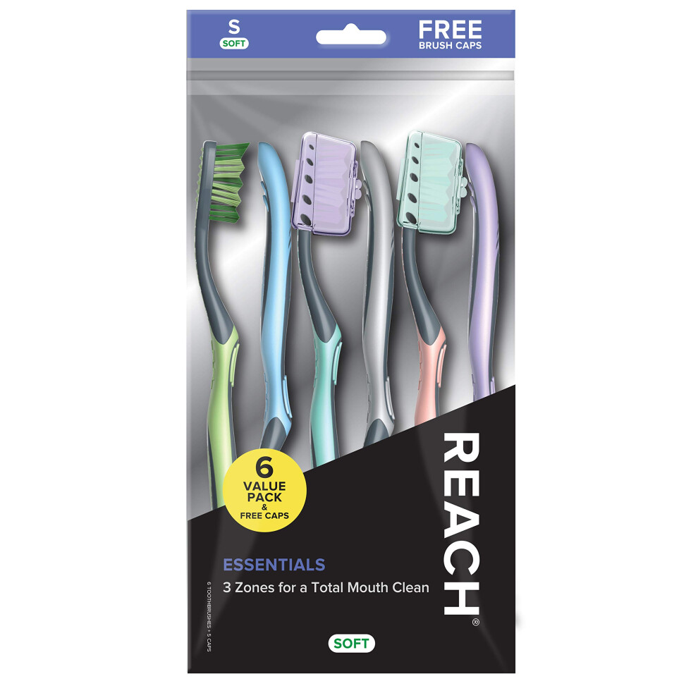 Atteindre Reach Essentials Toothbrush With Toothbrush Caps Multi-Zoned Angled Soft Bristles Contoured Handle Tongue Scraper 6 Count